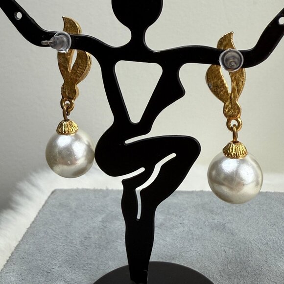 Gold Tone Faux Pearl & Rhinestone Pierced Earrings - Picture 5 of 8